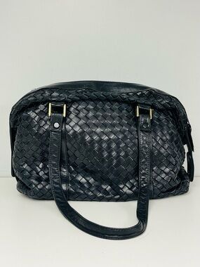 Vintage Woven Black Leather Satchel by ASPECTS